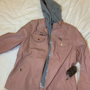 BRAND NEW Pink Faux Leather Jacket with Removable Hood